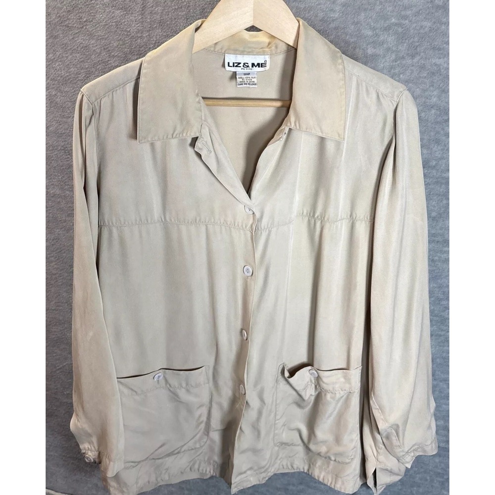 Vintage Liz & Me Silk Shirt Smock 1X P Big Pockets Beige Lagenlook Button Top - Picture 16 of 16
